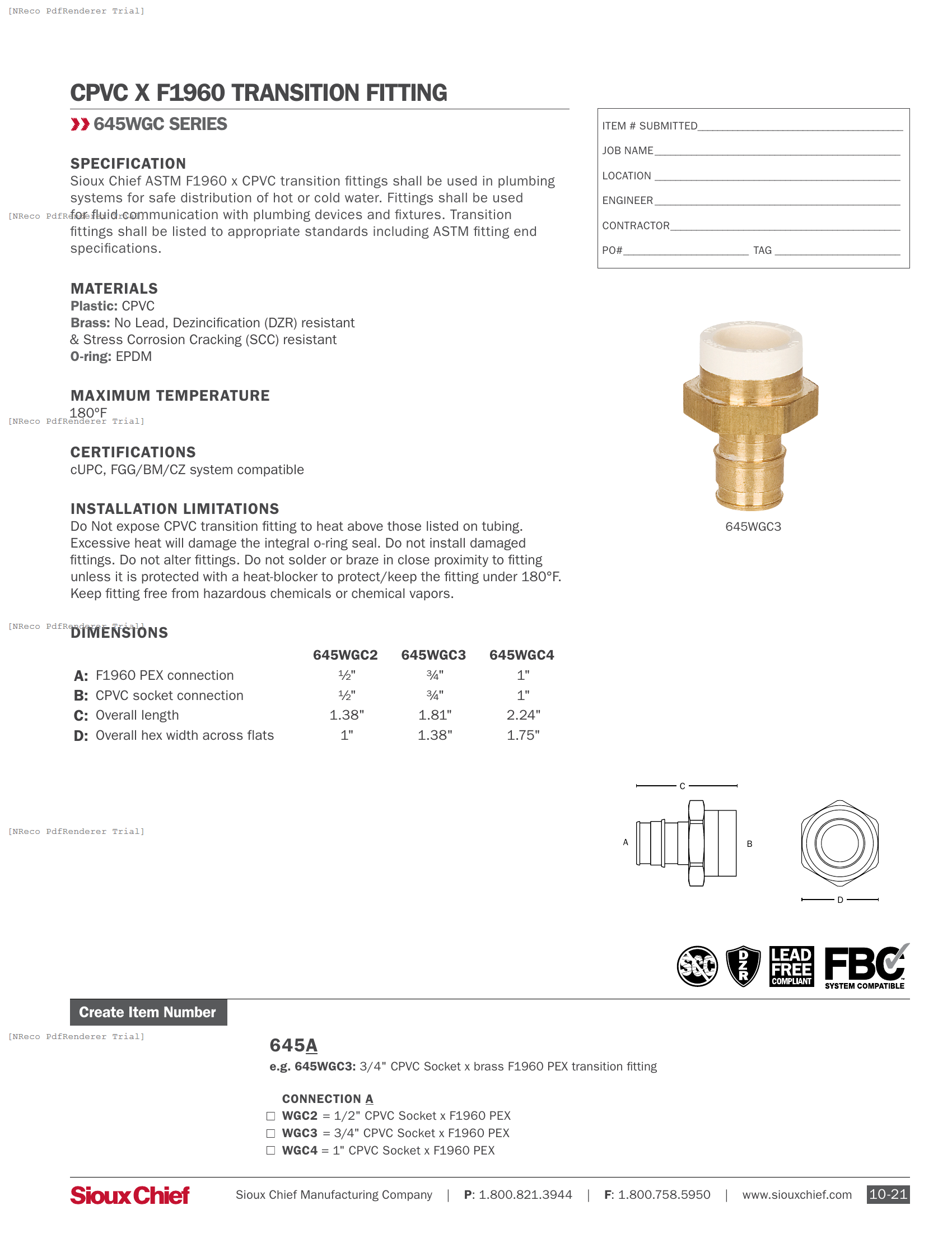 645WGC SERIES - CPVC X F1960 TRANSITION FITTING - SPEC SHEET.PDF Specification Document